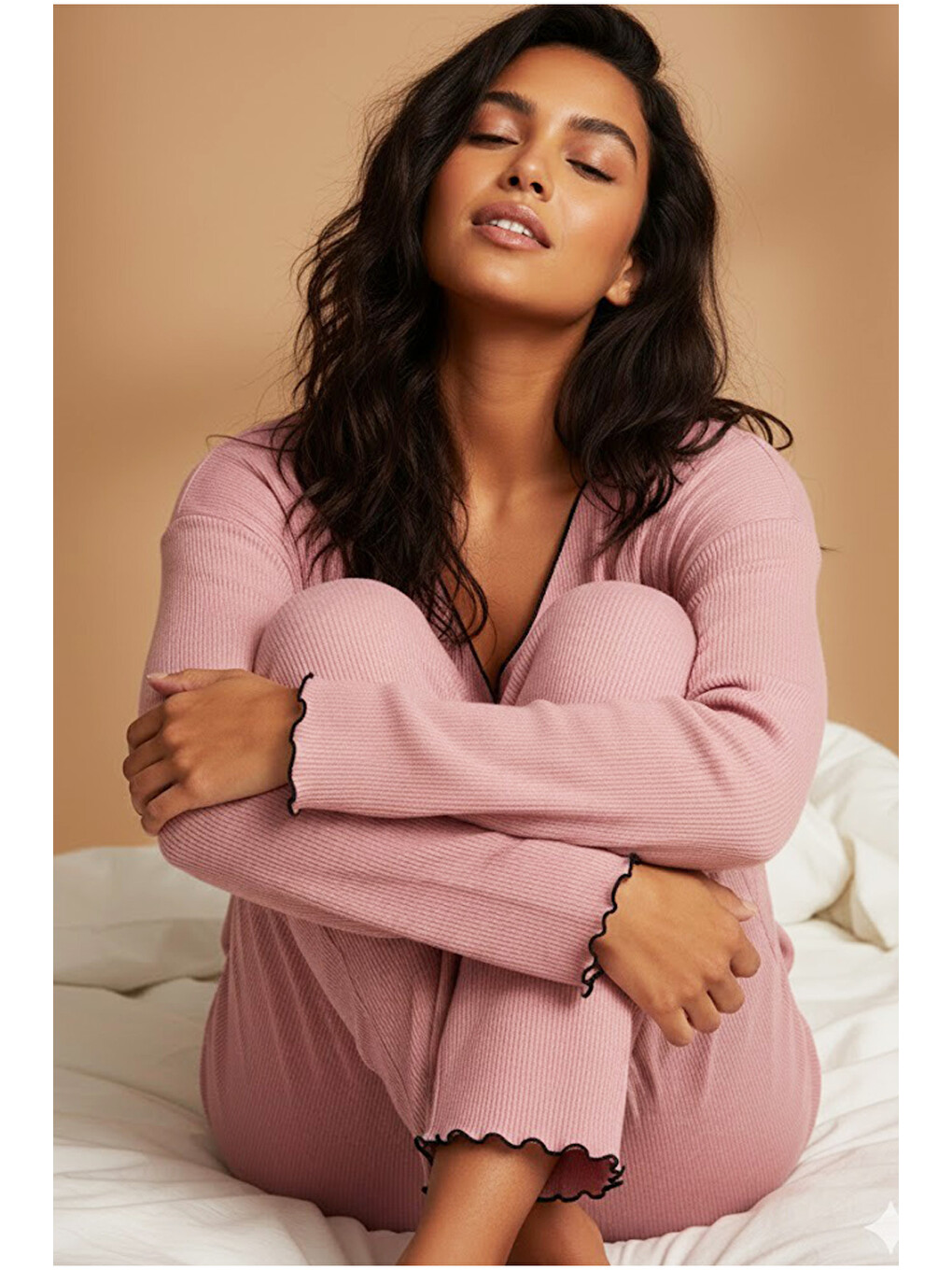 Pembe Fırçalı Yumuşak Dokulu Fitilli Kaşkorse Örme Düğmeli Hırka Pijama Takım 7962-1