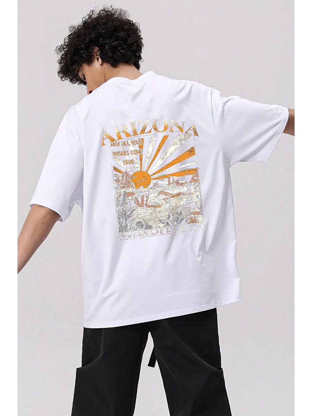 uyguntarz Beyaz Unisex Sırt Baskılı Arizona Oversize Tshirt - 1