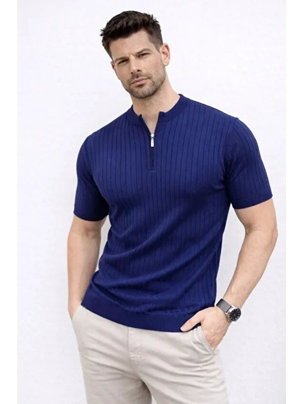 Lacivert Erkek Kısa Kol Fitilli Triko Tişört