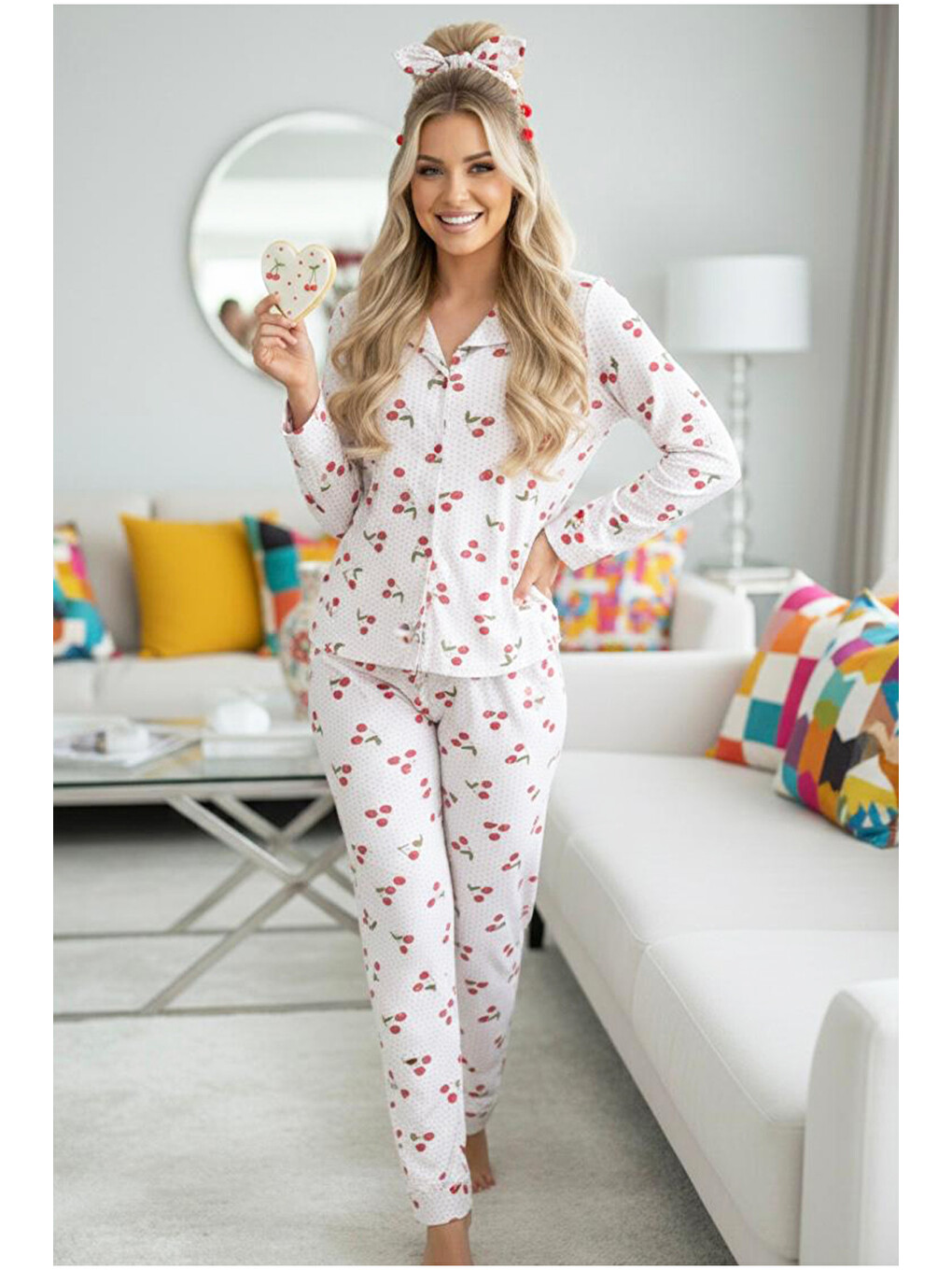 Bej Kiraz Desenli Mevsimlik İnce Düğmeli Örme Pijama Takım 7978-1