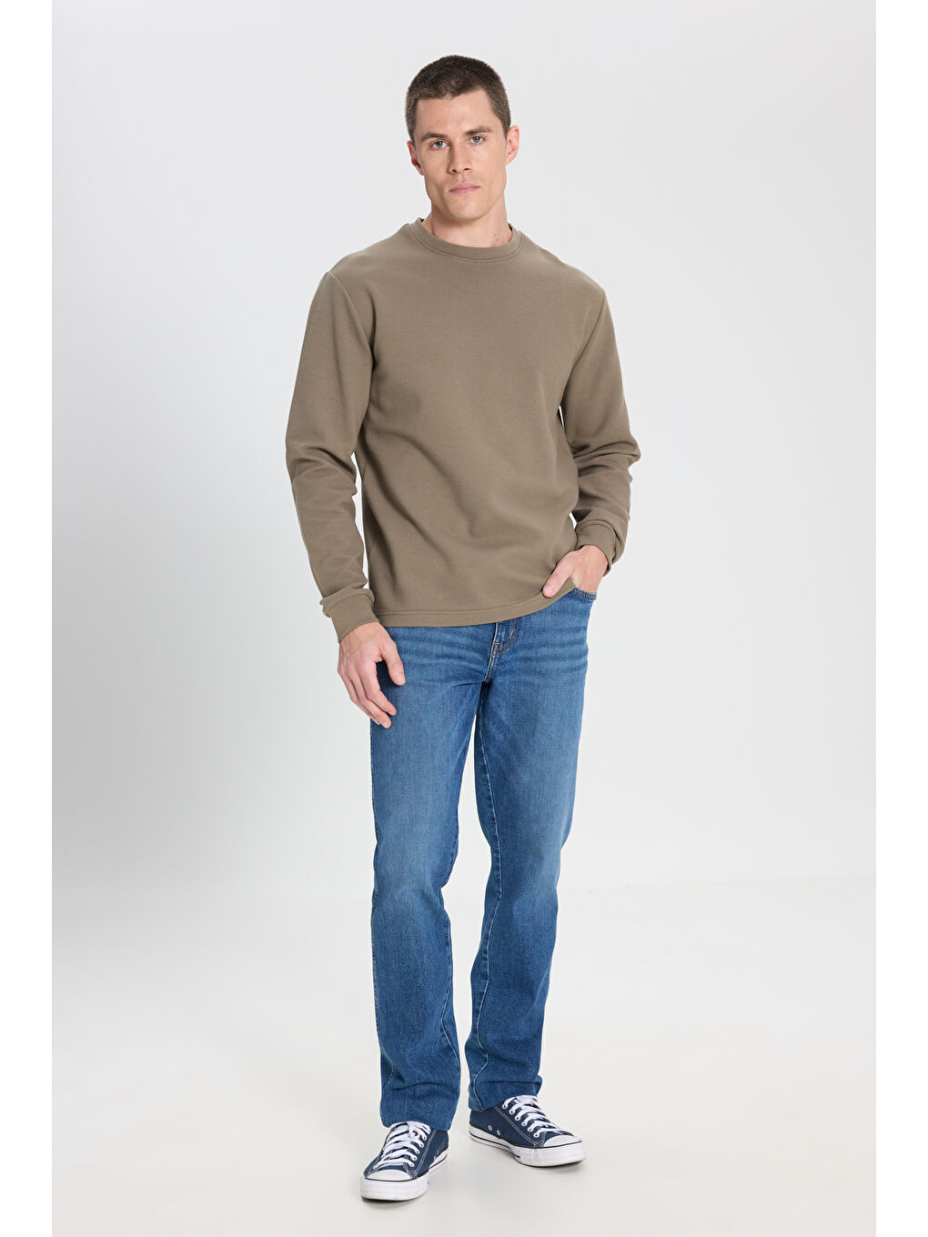 Regular Fit Normal Kesim Bisiklet Yaka %100 Pamuk Haki Sweatshirt-2