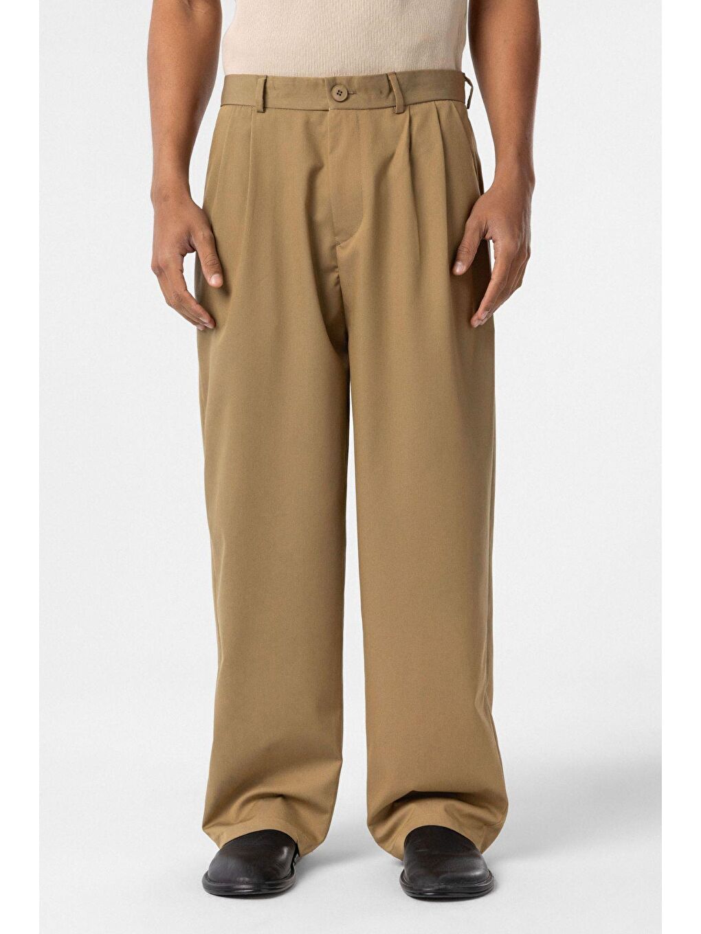 Baggy Fit Pileli Kumaş Erkek Pantolon Haki-2