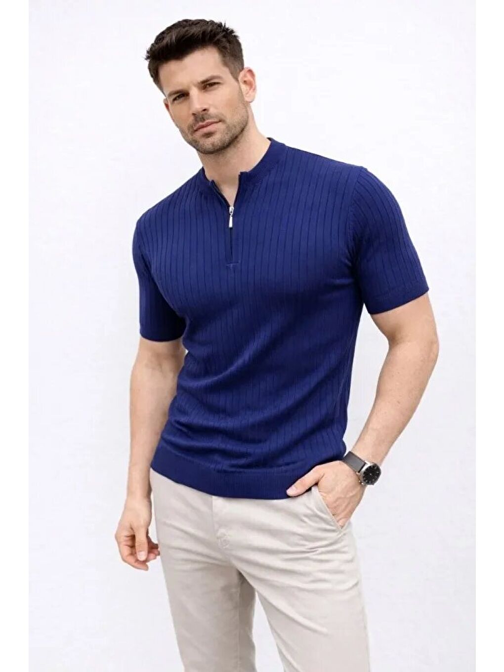 Lacivert Erkek Kısa Kol Fitilli Triko Tişört-1