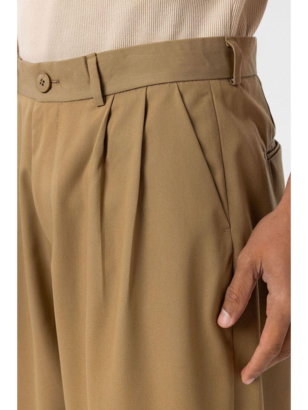 Baggy Fit Pileli Kumaş Erkek Pantolon Haki-5