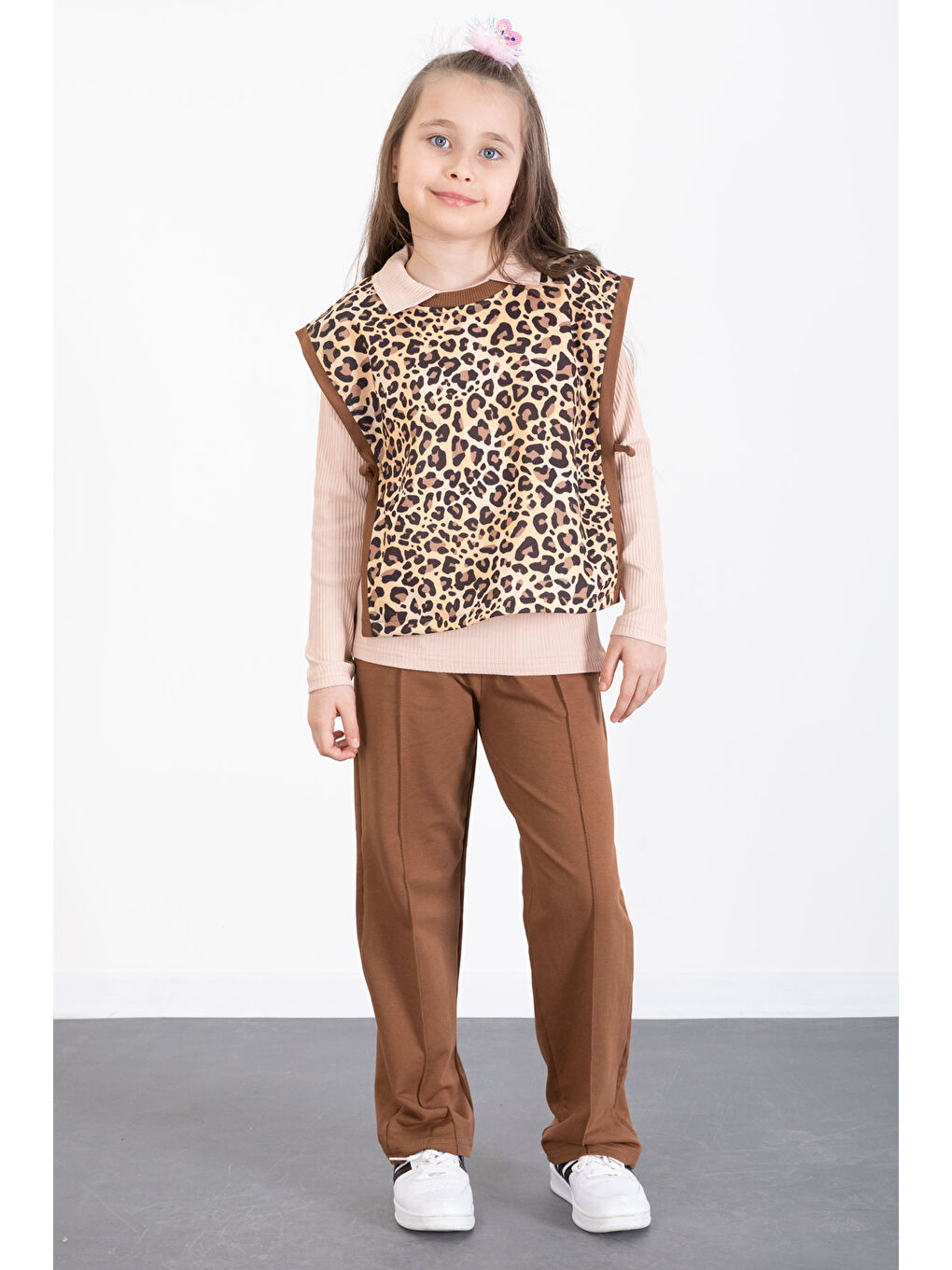 Kahverengi Taba Leopar Desenli Süveterli Badili Kız Çocuk Pantolonlu 3lü Takım 20528