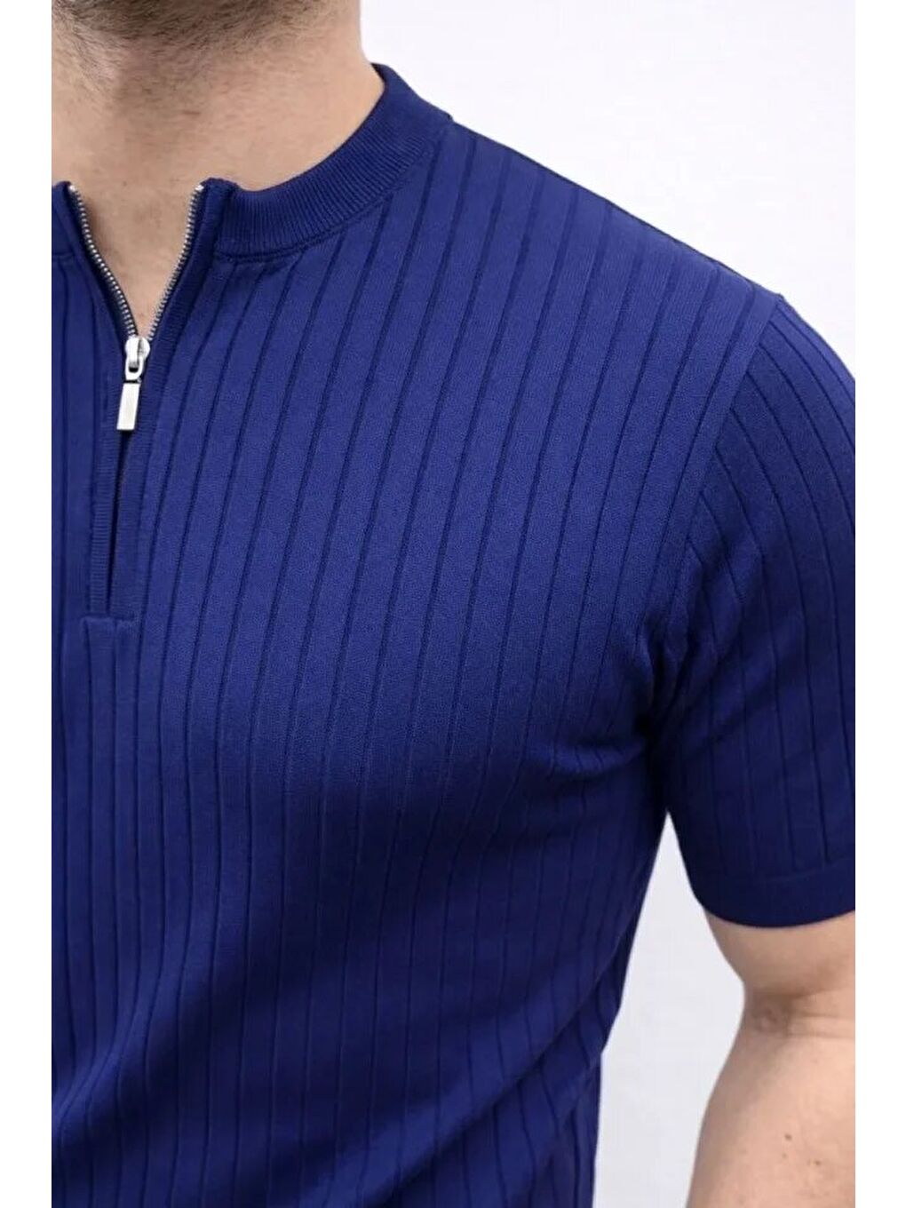 Lacivert Erkek Kısa Kol Fitilli Triko Tişört-2