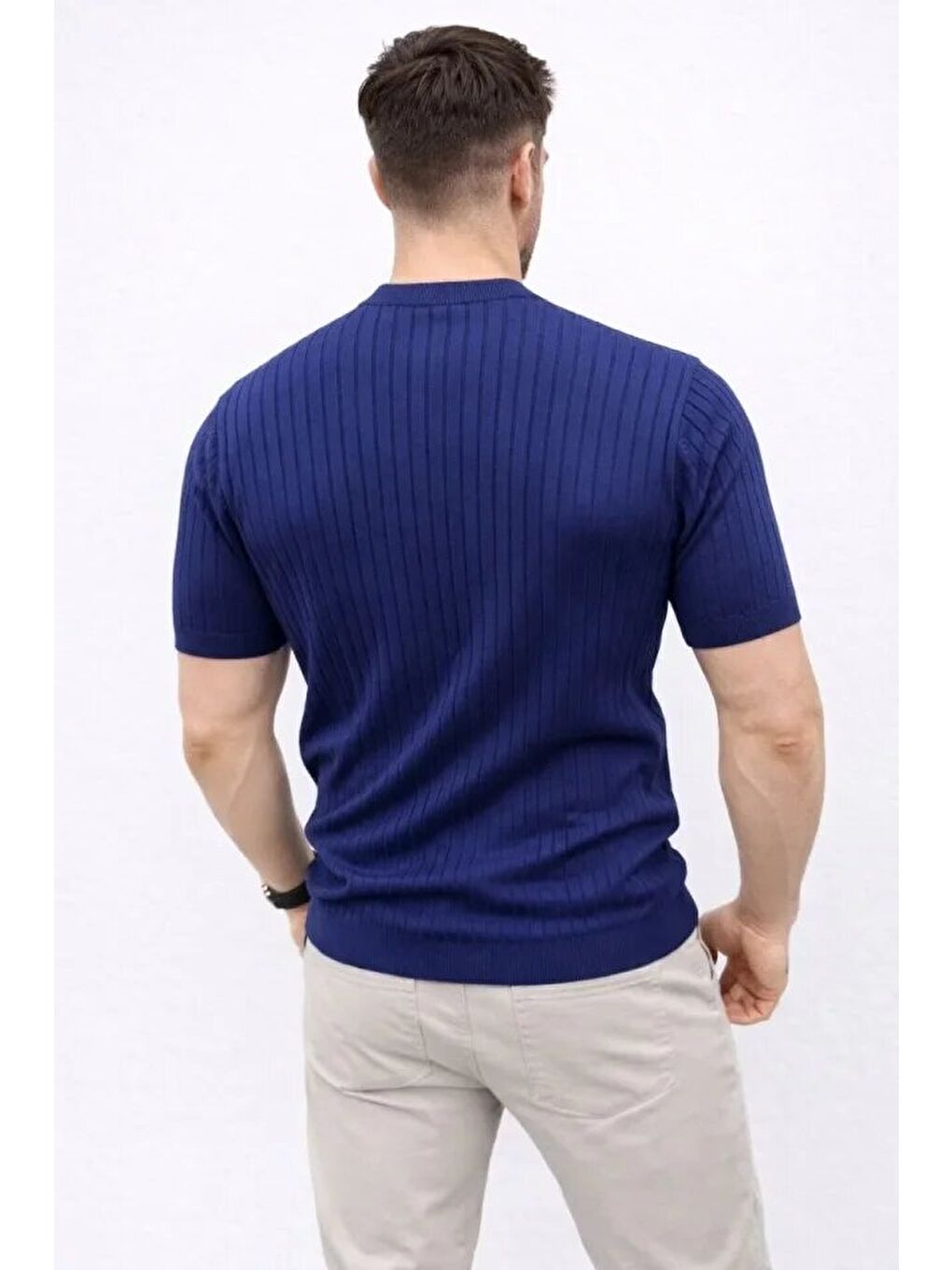 Lacivert Erkek Kısa Kol Fitilli Triko Tişört-3