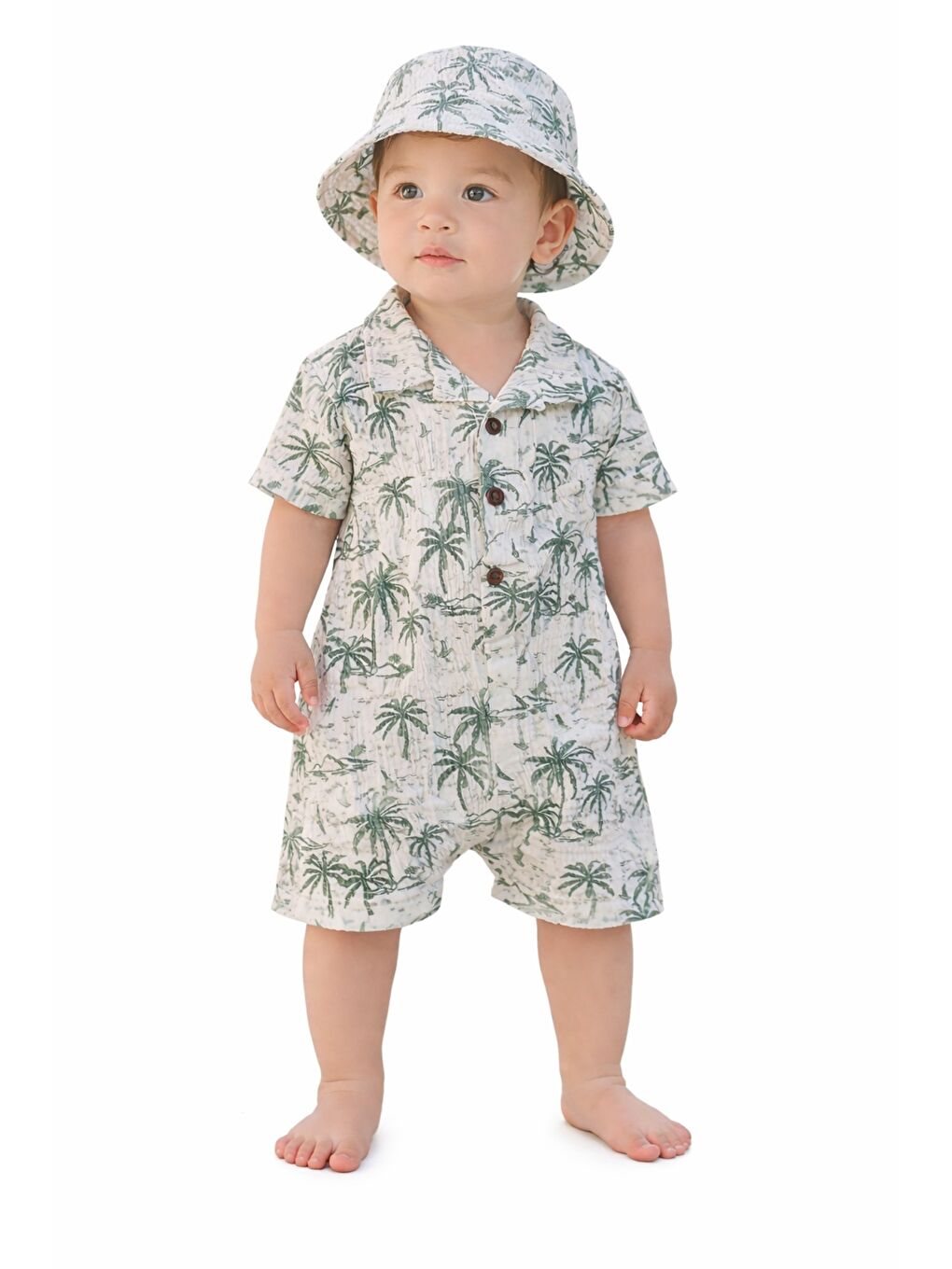 Yeşil Erkek Bebek Palmiye Desenli Şapkalı Tulum Yazlık Kısa Kollu Şort Tulum