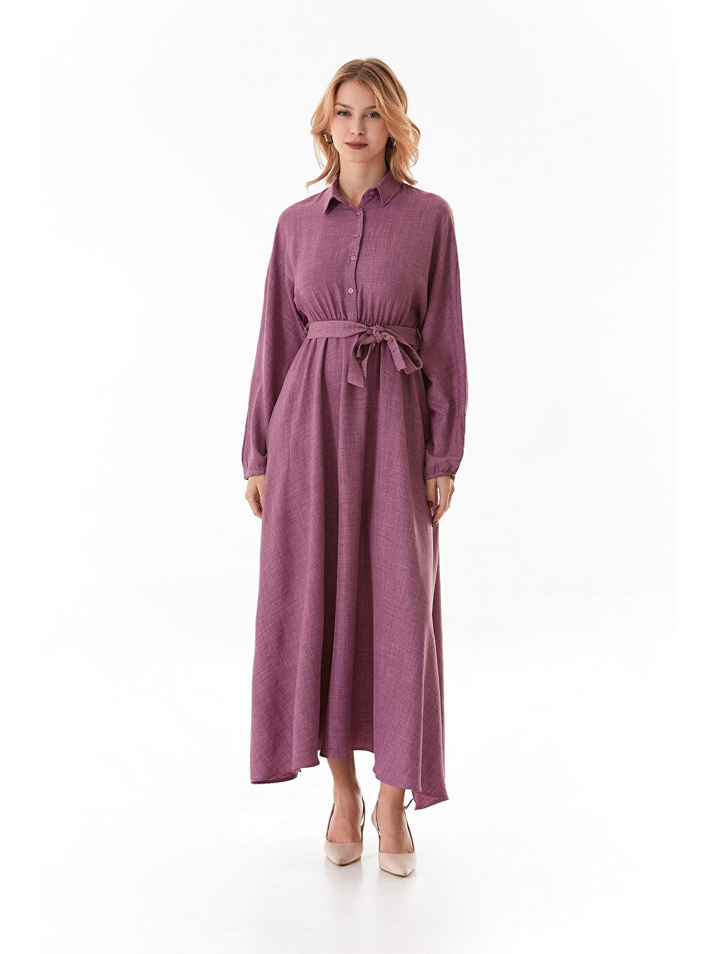 Pembe Fullamodest Beli Kemerli Gömlek Yaka Elbise-1