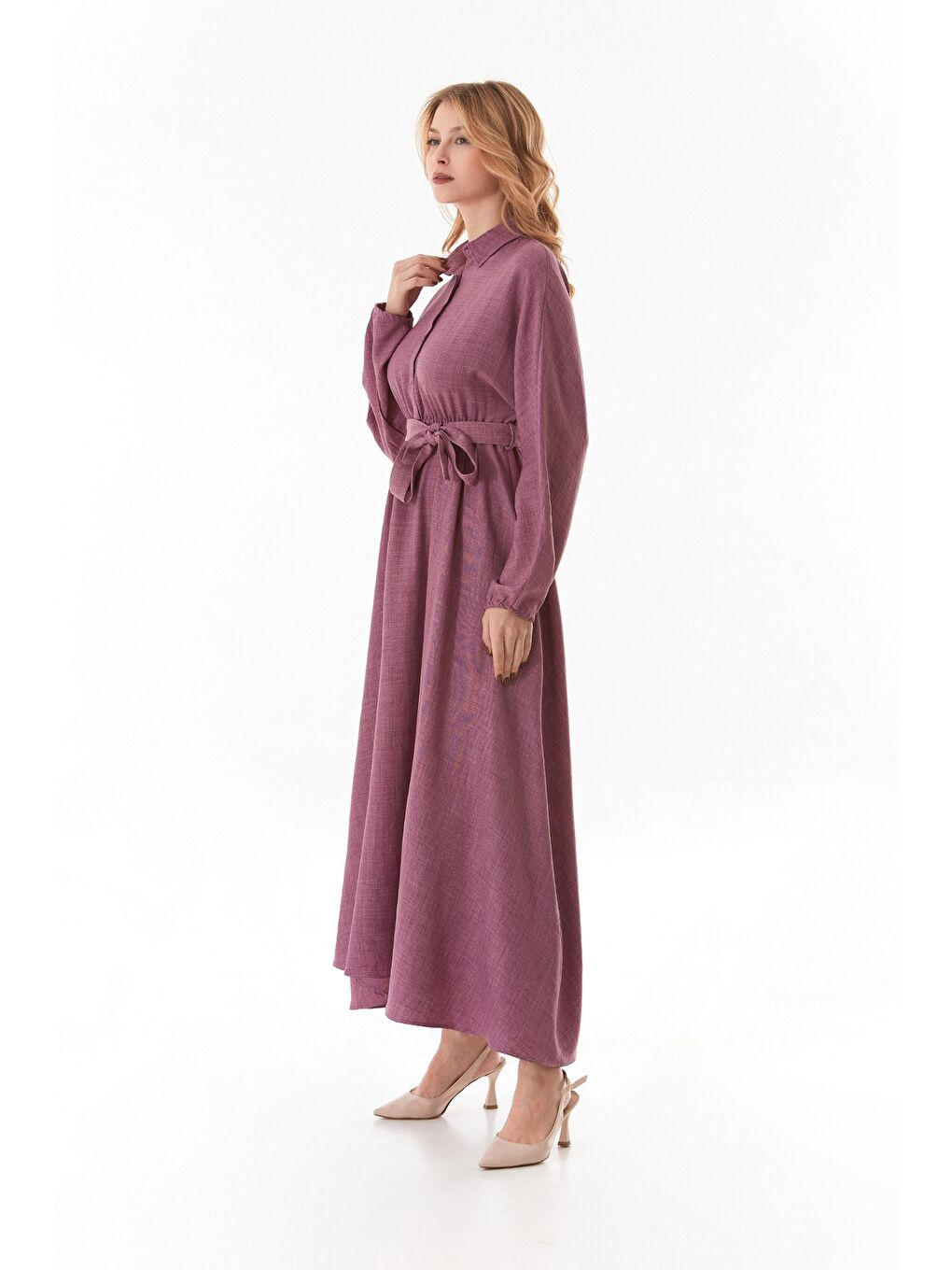 Pembe Fullamodest Beli Kemerli Gömlek Yaka Elbise-2