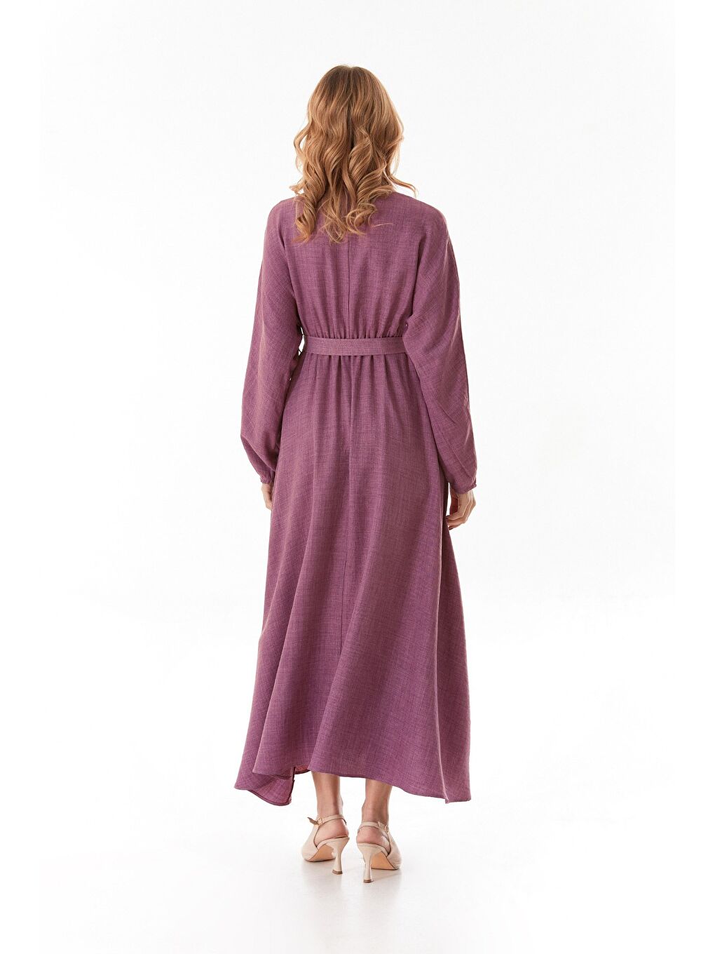 Pembe Fullamodest Beli Kemerli Gömlek Yaka Elbise-4