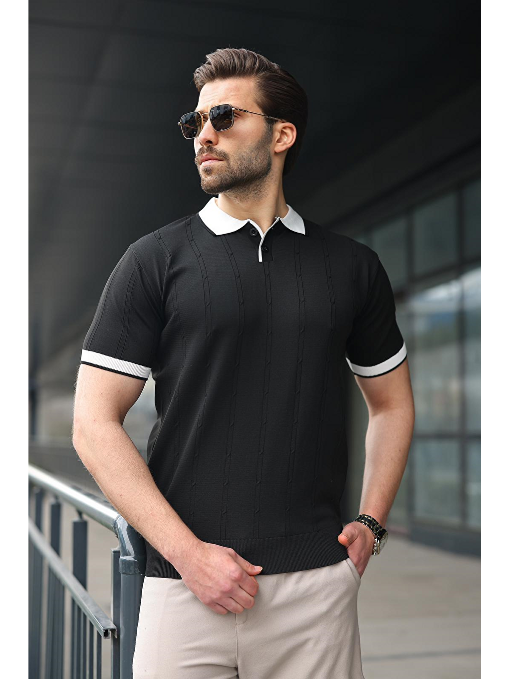 Siyah Polo Yaka Triko Erkek Tişört E7470-1