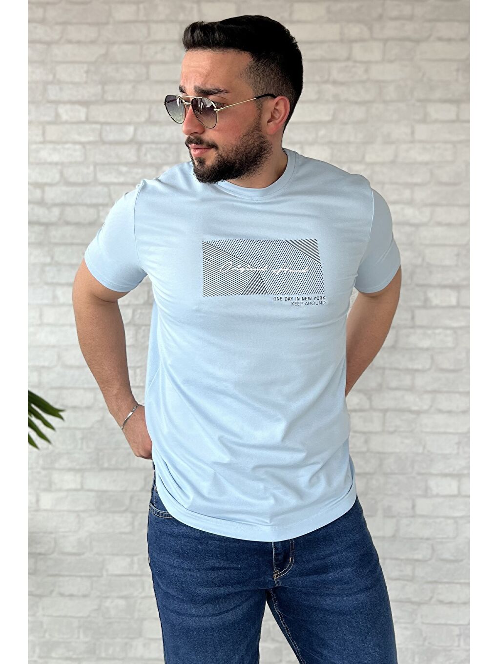 Mavi Erkek Bisiklet Yaka Baskılı Tişört