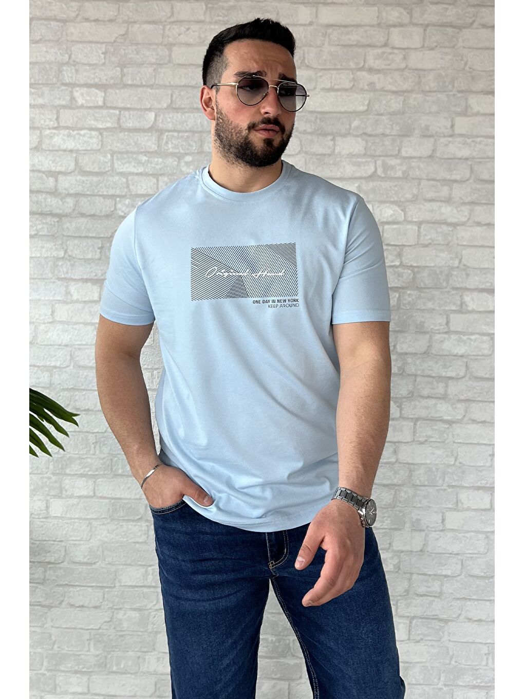 Mavi Erkek Bisiklet Yaka Baskılı Tişört-1