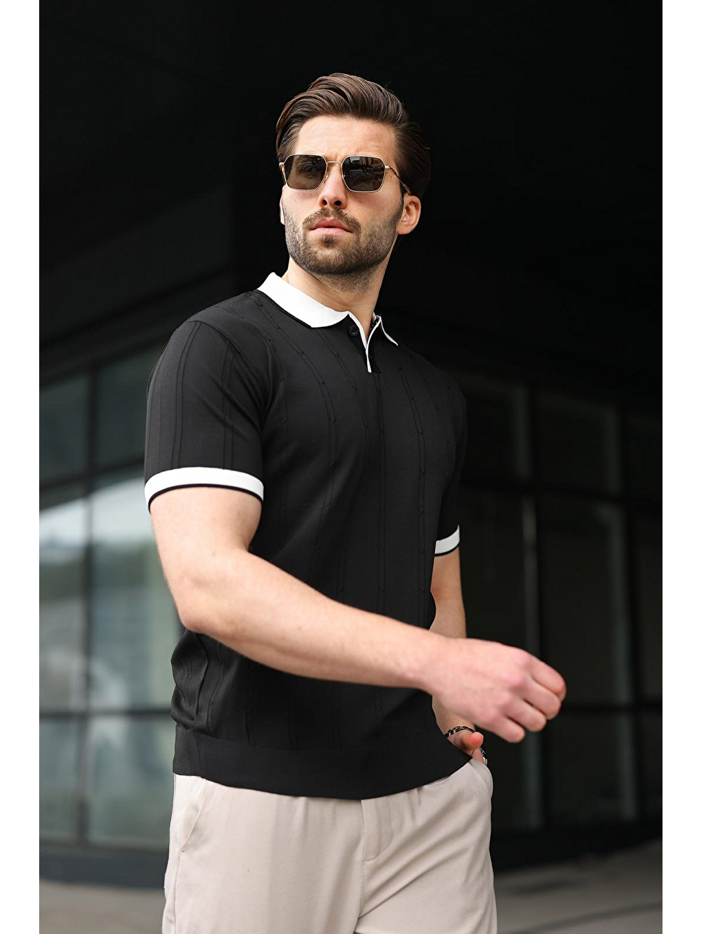 Siyah Polo Yaka Triko Erkek Tişört E7470-4