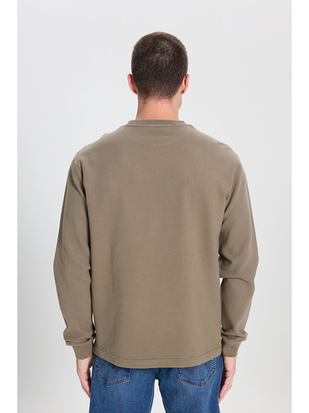 Regular Fit Normal Kesim Bisiklet Yaka %100 Pamuk Haki Sweatshirt-4