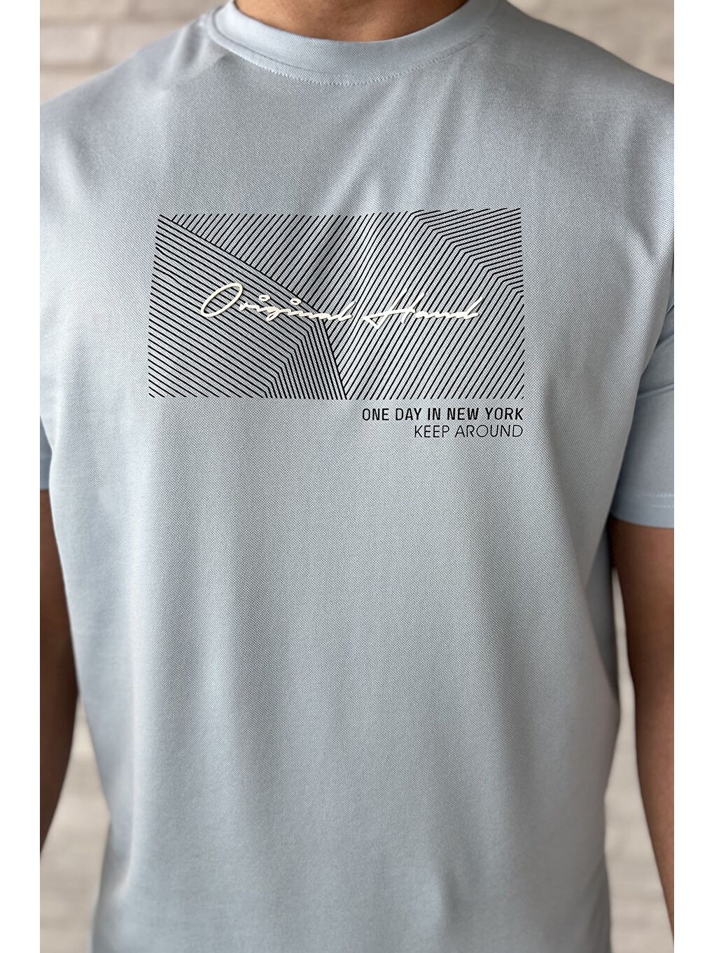 Mavi Erkek Bisiklet Yaka Baskılı Tişört-2