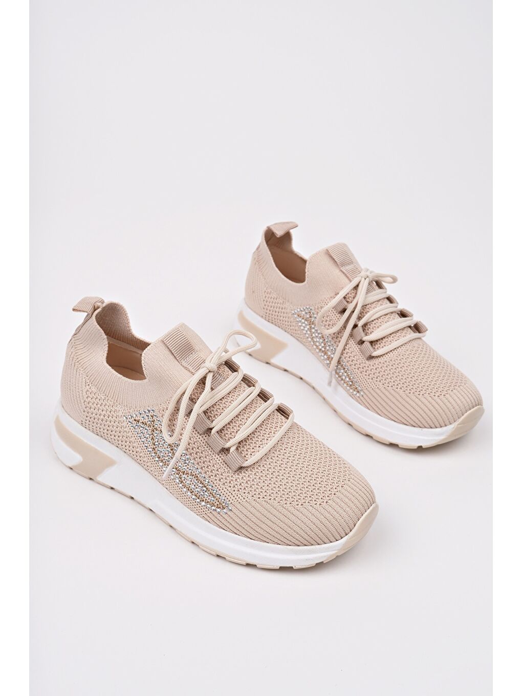 Bej MARTHA Kadın Kalın Taban Günlük Triko Taşlı Bağcıklı Sneaker Spor Ayakkabı-1