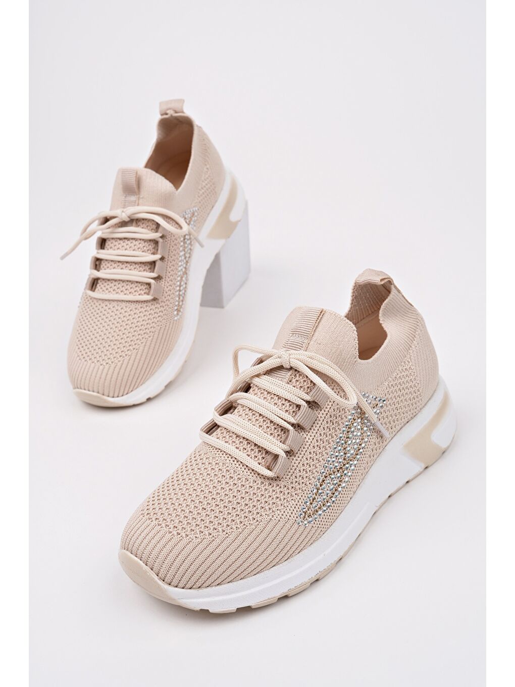 Bej MARTHA Kadın Kalın Taban Günlük Triko Taşlı Bağcıklı Sneaker Spor Ayakkabı-2