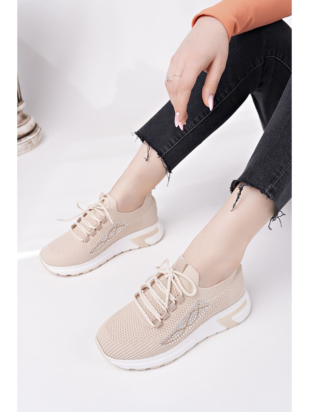 Bej MARTHA Kadın Kalın Taban Günlük Triko Taşlı Bağcıklı Sneaker Spor Ayakkabı-4