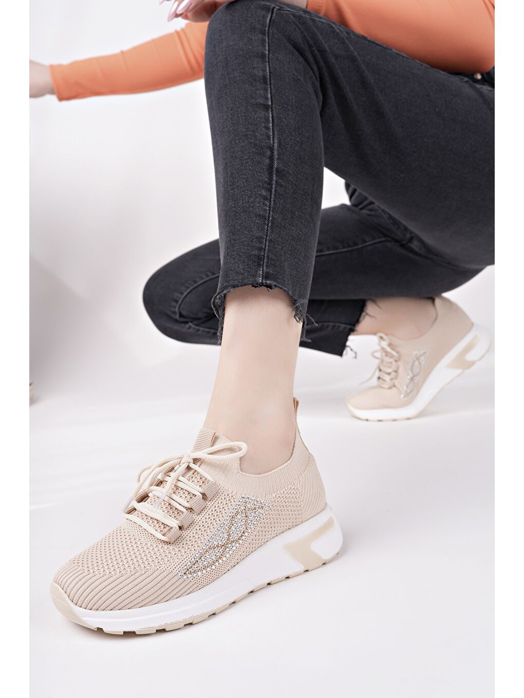 Bej MARTHA Kadın Kalın Taban Günlük Triko Taşlı Bağcıklı Sneaker Spor Ayakkabı-5