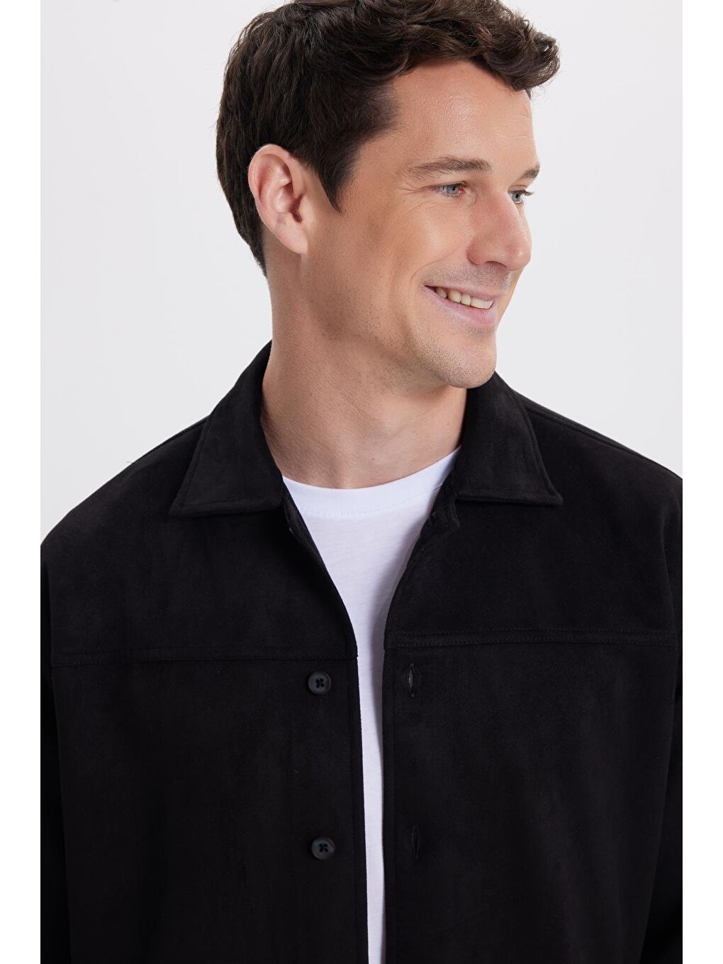 Erkek Relax Fit Rahat Kesim Düz Süet Yan Cepli Siyah Ceket Gömlek-1