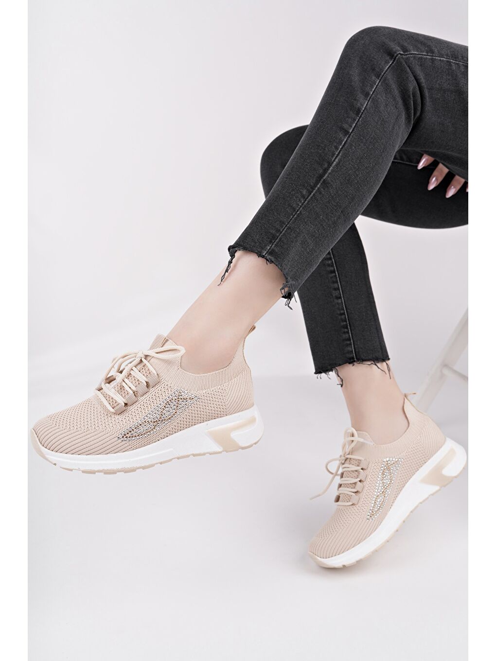 Bej MARTHA Kadın Kalın Taban Günlük Triko Taşlı Bağcıklı Sneaker Spor Ayakkabı-6