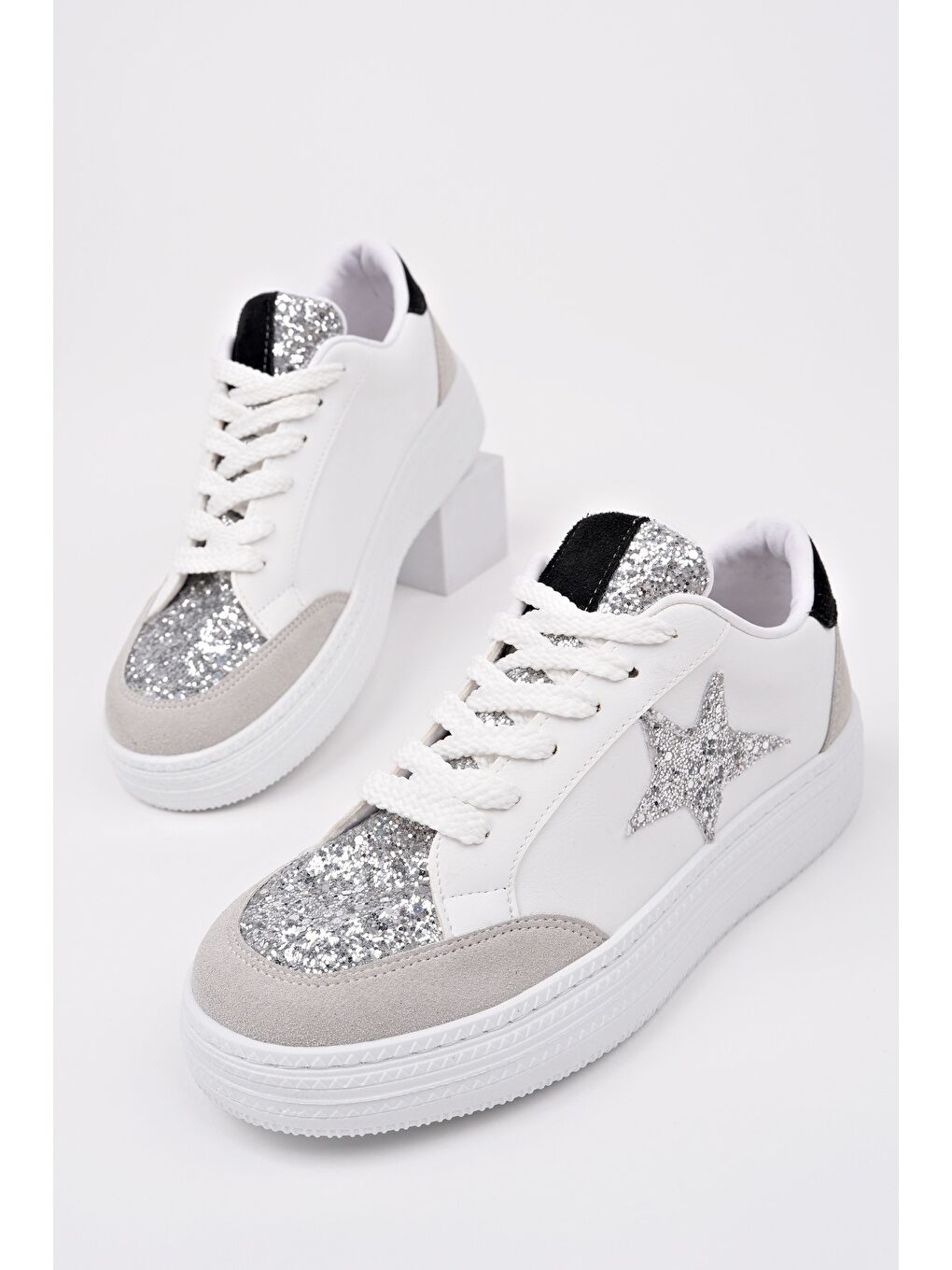 Beyaz BONNİE Kadın Kalın Taban Taşlı Bağcıklı Günlük Sneaker Spor Ayakkabı-2