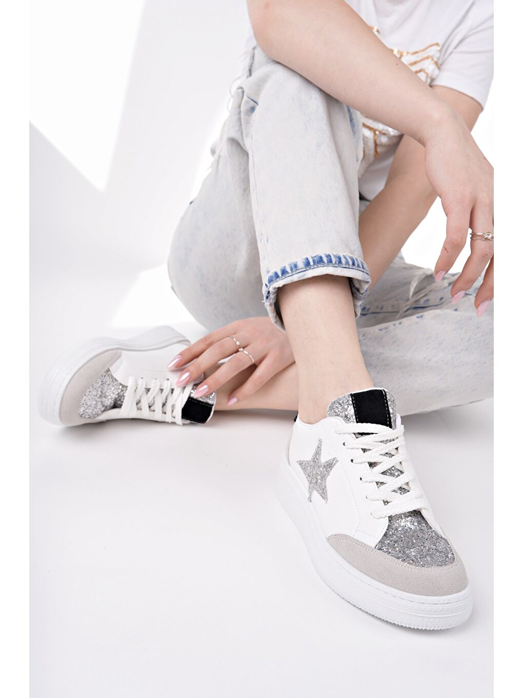 Beyaz BONNİE Kadın Kalın Taban Taşlı Bağcıklı Günlük Sneaker Spor Ayakkabı-4