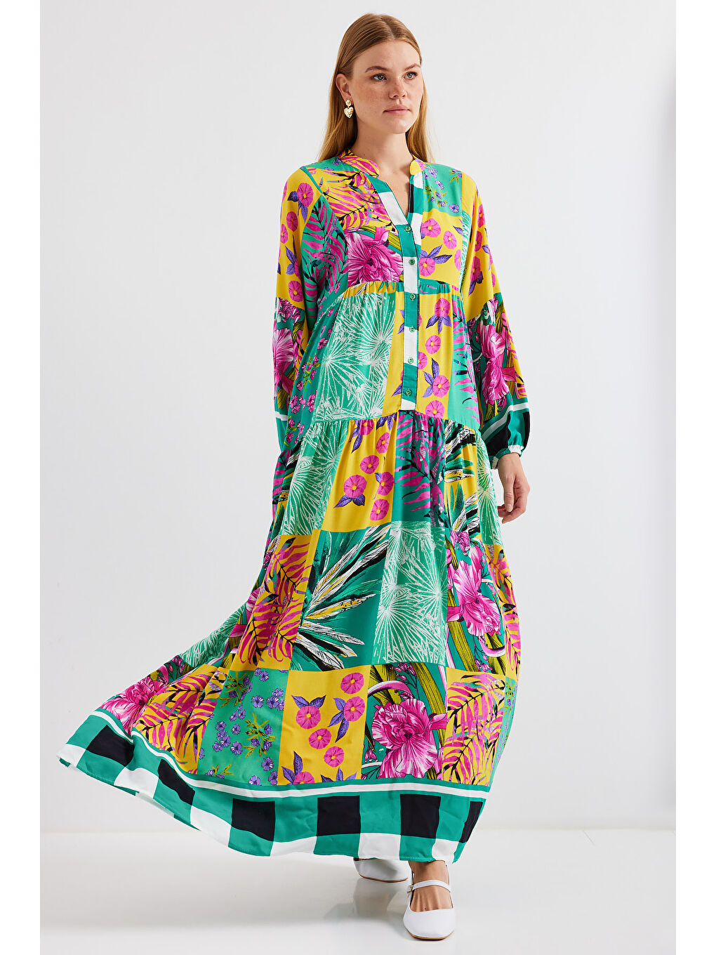 2423 Otantik Desenli Tesettür Elbise - E.Yeşil-2