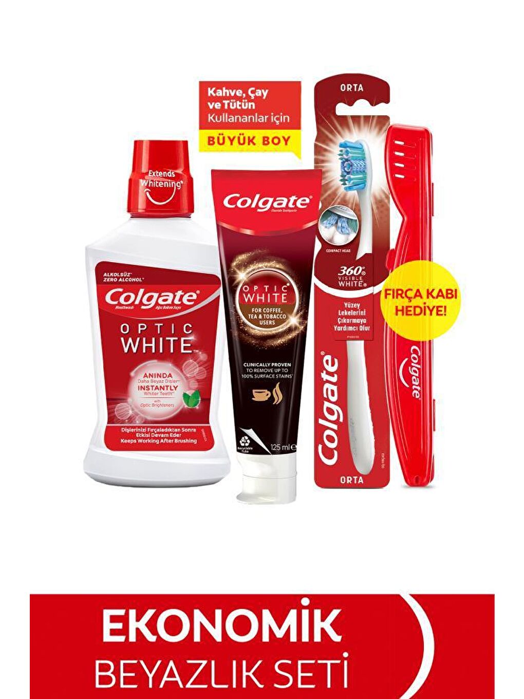 Colgate Beyaz-Kırmızı Optic White Diş Macunu 125 ml, 360 Orta Diş Fırçası, Gargara 250 ml