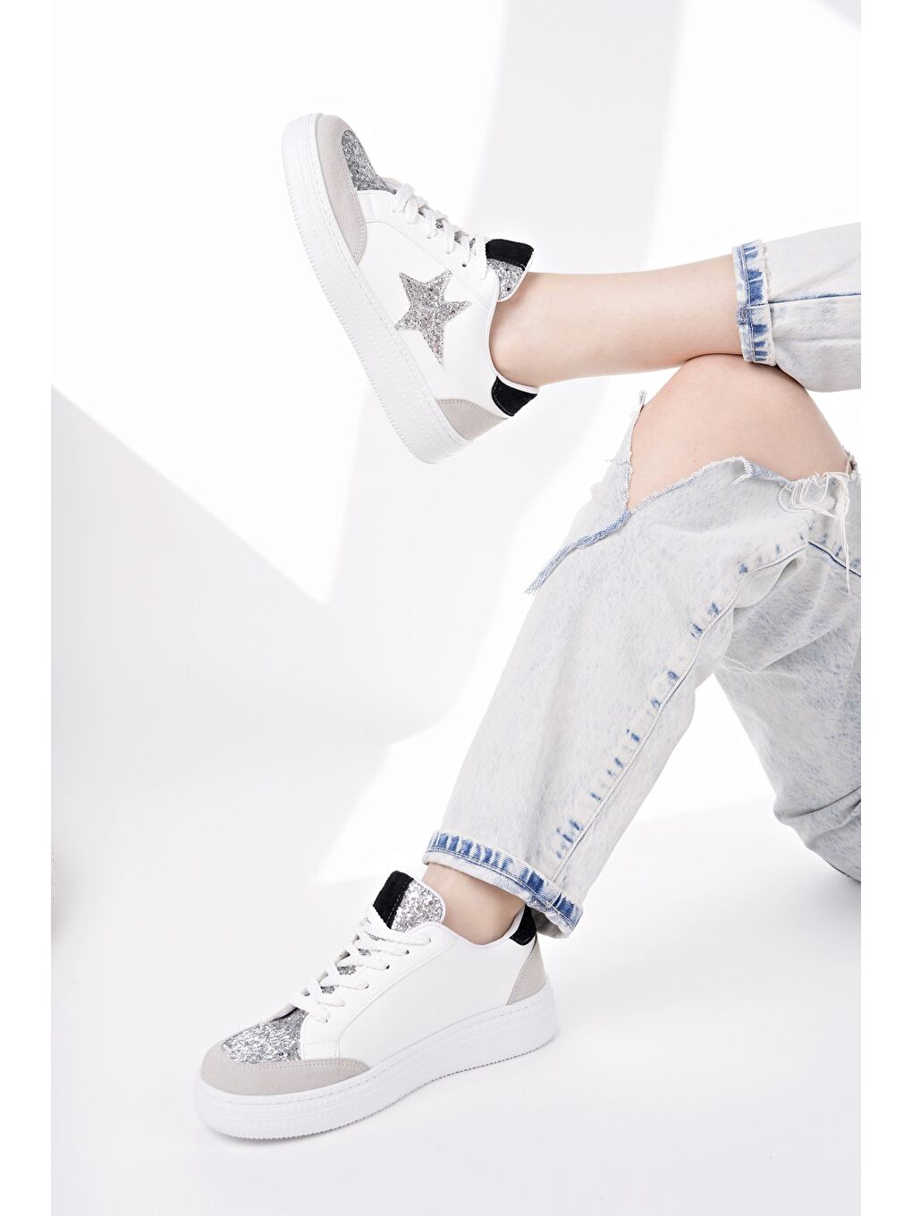 Beyaz BONNİE Kadın Kalın Taban Taşlı Bağcıklı Günlük Sneaker Spor Ayakkabı-5