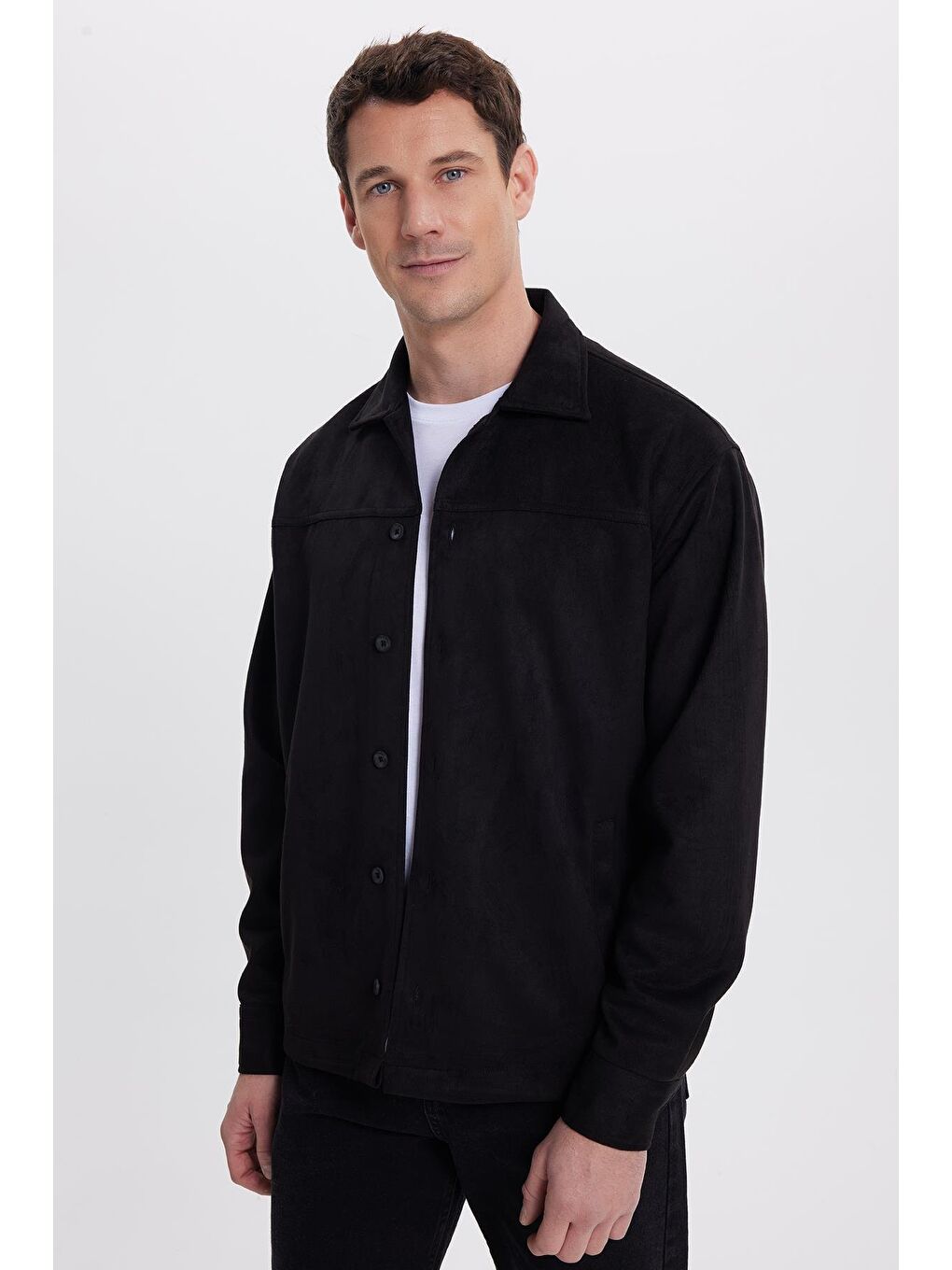Erkek Relax Fit Rahat Kesim Düz Süet Yan Cepli Siyah Ceket Gömlek-3