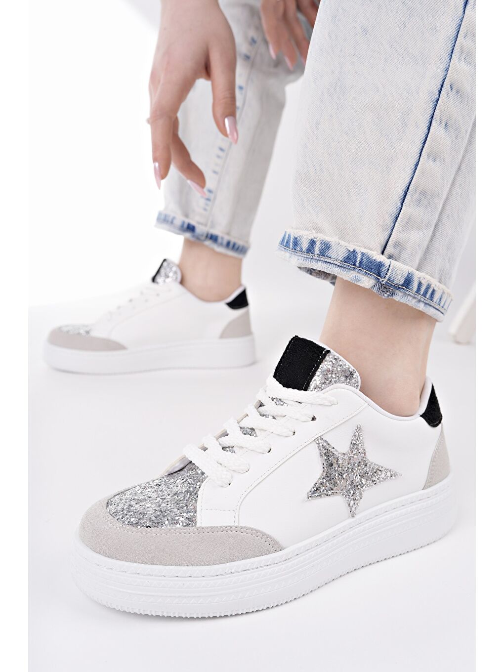 Beyaz BONNİE Kadın Kalın Taban Taşlı Bağcıklı Günlük Sneaker Spor Ayakkabı-6