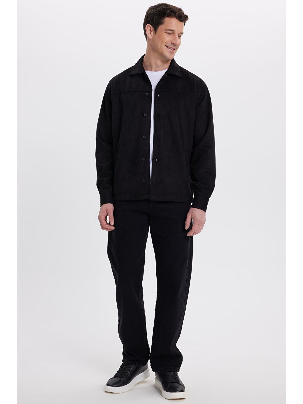 Erkek Relax Fit Rahat Kesim Düz Süet Yan Cepli Siyah Ceket Gömlek-4