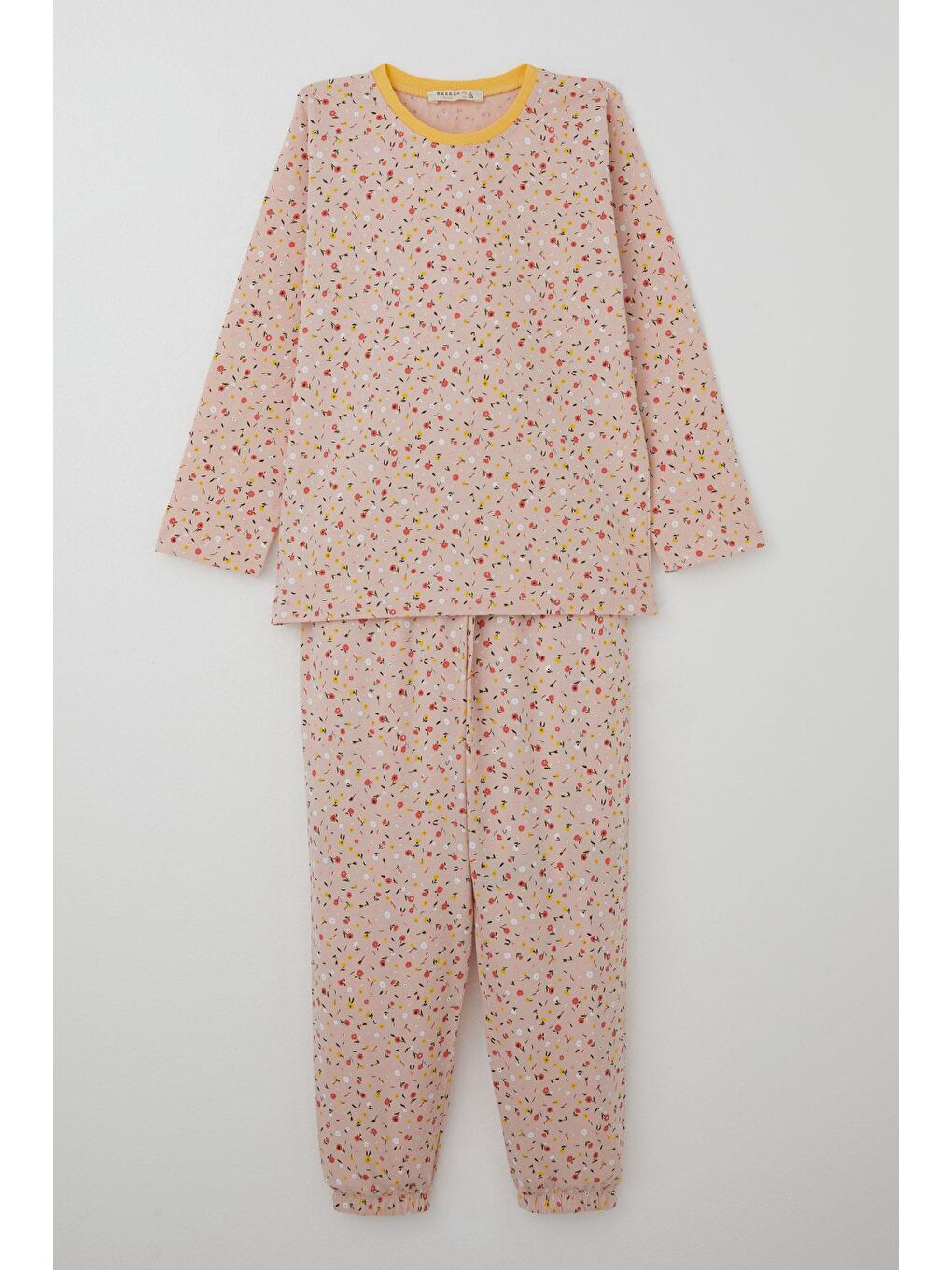 Pembe Kız Çocuk Pijama Takımı Renkli Minik Çiçek Desenli Pudra (4-8 Yaş)