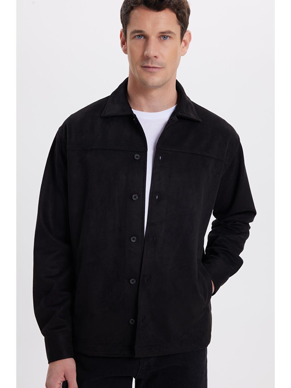 Erkek Relax Fit Rahat Kesim Düz Süet Yan Cepli Siyah Ceket Gömlek-5