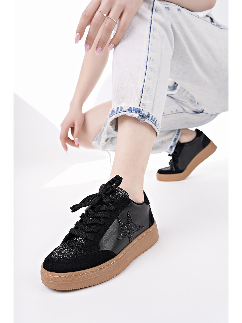 Siyah BONNİE Kadın Kalın Taban Taşlı Bağcıklı Günlük Sneaker Spor Ayakkabı