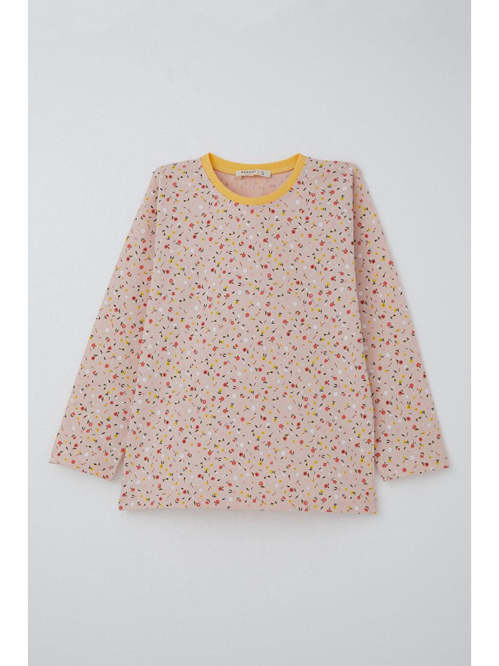 Pembe Kız Çocuk Pijama Takımı Renkli Minik Çiçek Desenli Pudra (4-8 Yaş)-1