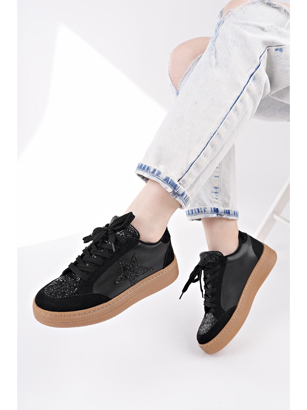 Siyah BONNİE Kadın Kalın Taban Taşlı Bağcıklı Günlük Sneaker Spor Ayakkabı-1