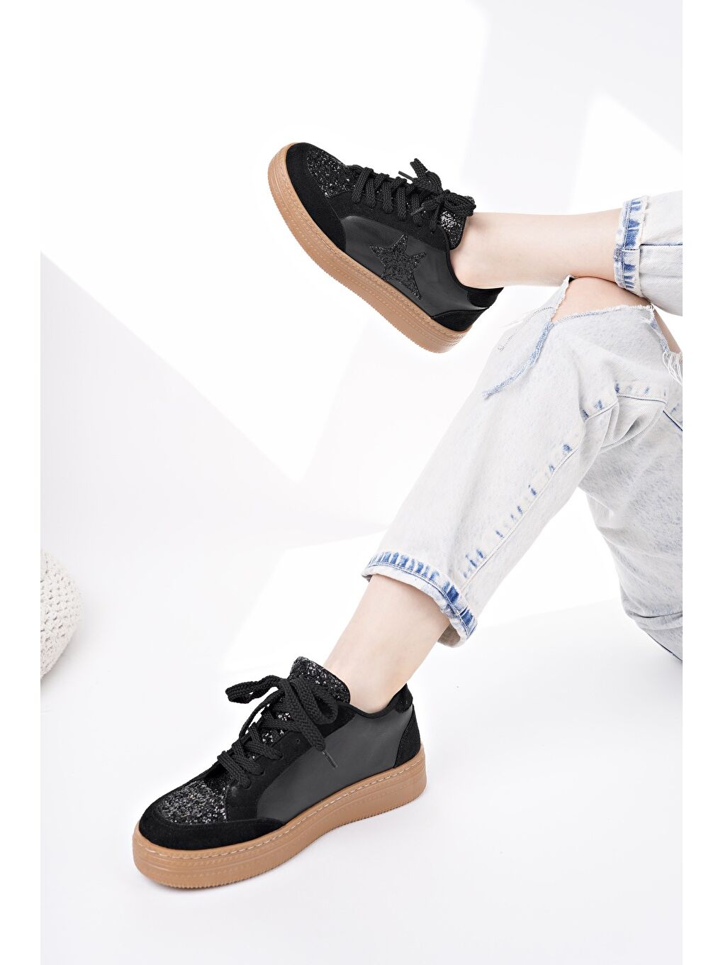 Siyah BONNİE Kadın Kalın Taban Taşlı Bağcıklı Günlük Sneaker Spor Ayakkabı-2