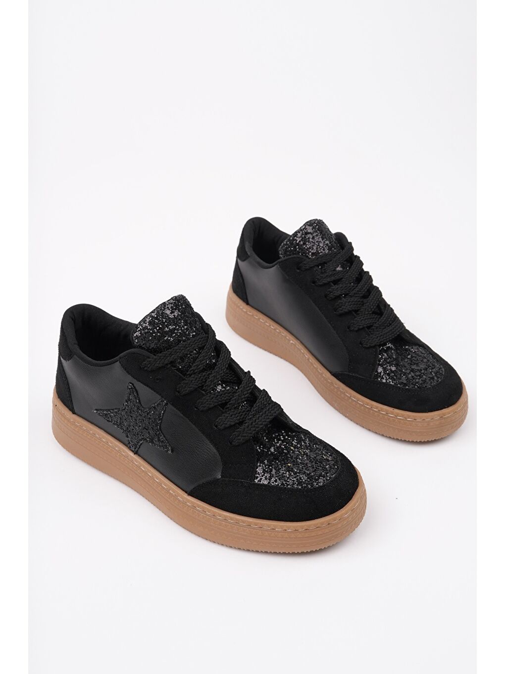 Siyah BONNİE Kadın Kalın Taban Taşlı Bağcıklı Günlük Sneaker Spor Ayakkabı-5