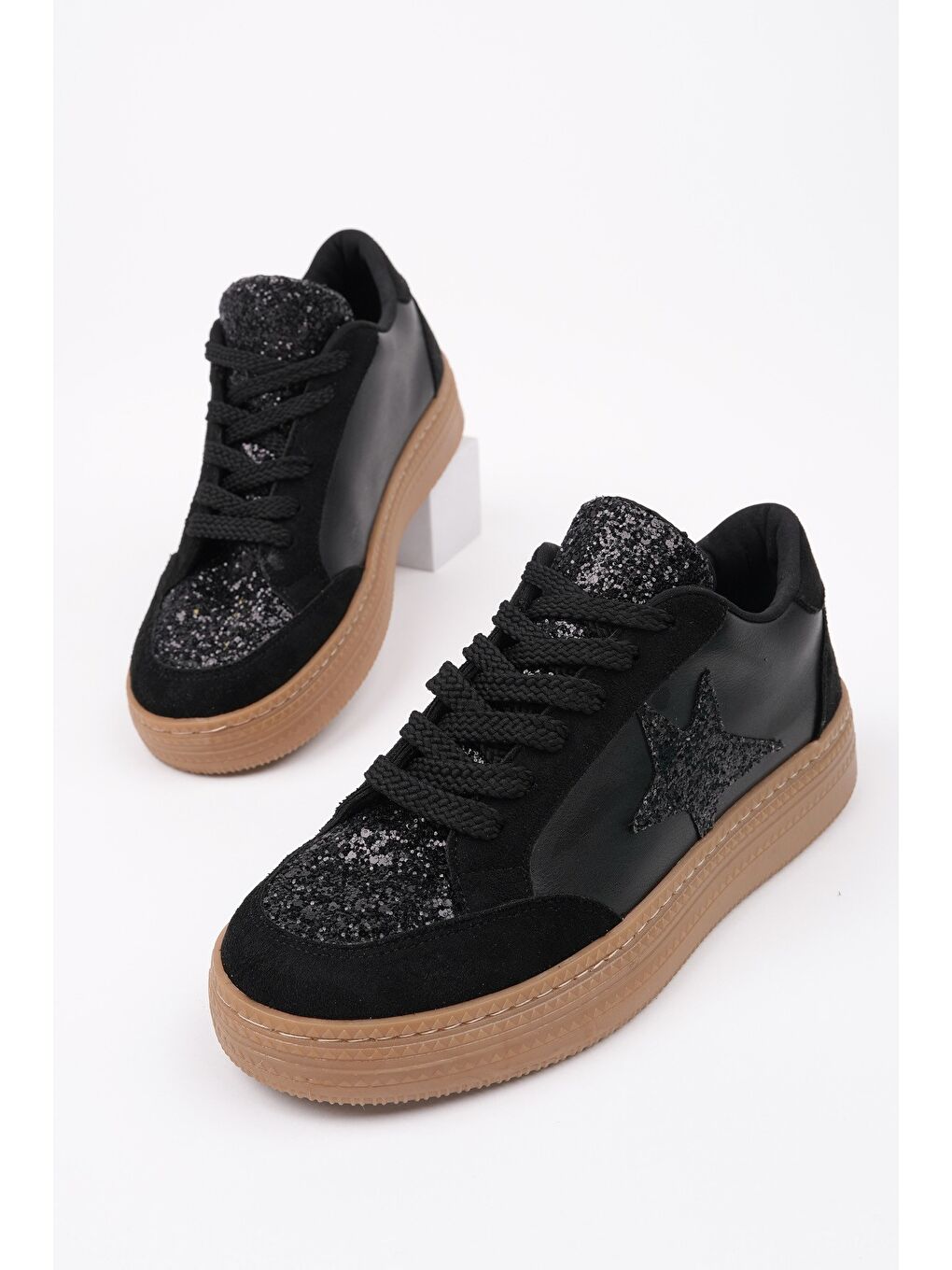 Siyah BONNİE Kadın Kalın Taban Taşlı Bağcıklı Günlük Sneaker Spor Ayakkabı-6