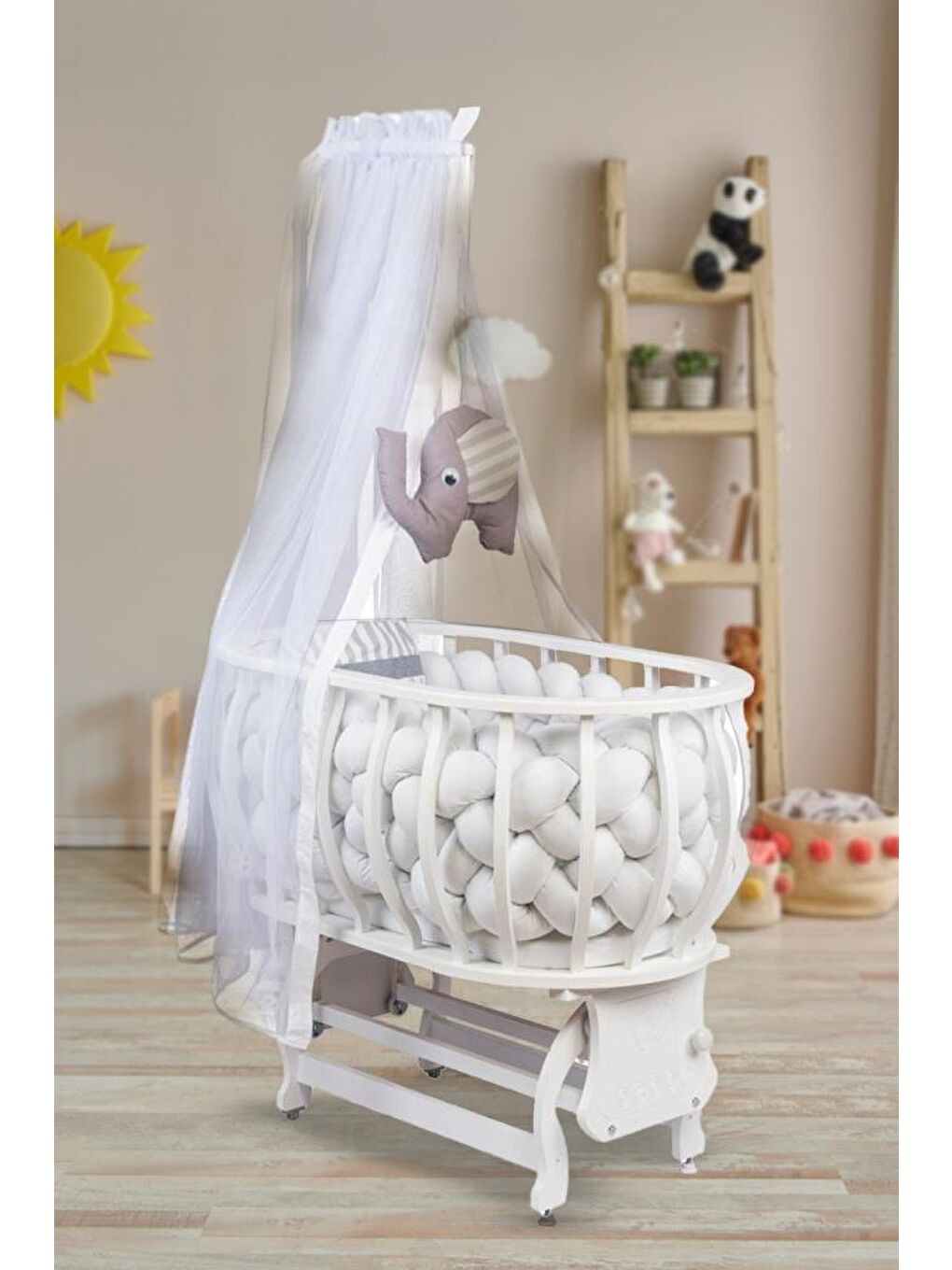 Lina Sepet Beşik Ahşap Beşik Örgülü Uyku Setli Doğal Ahşap Beşik