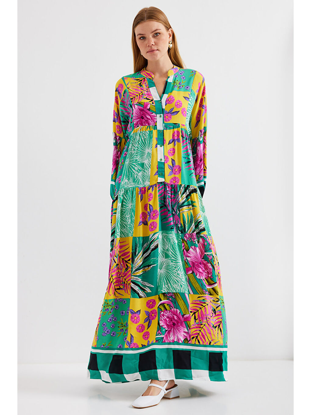 2423 Otantik Desenli Tesettür Elbise - E.Yeşil-3