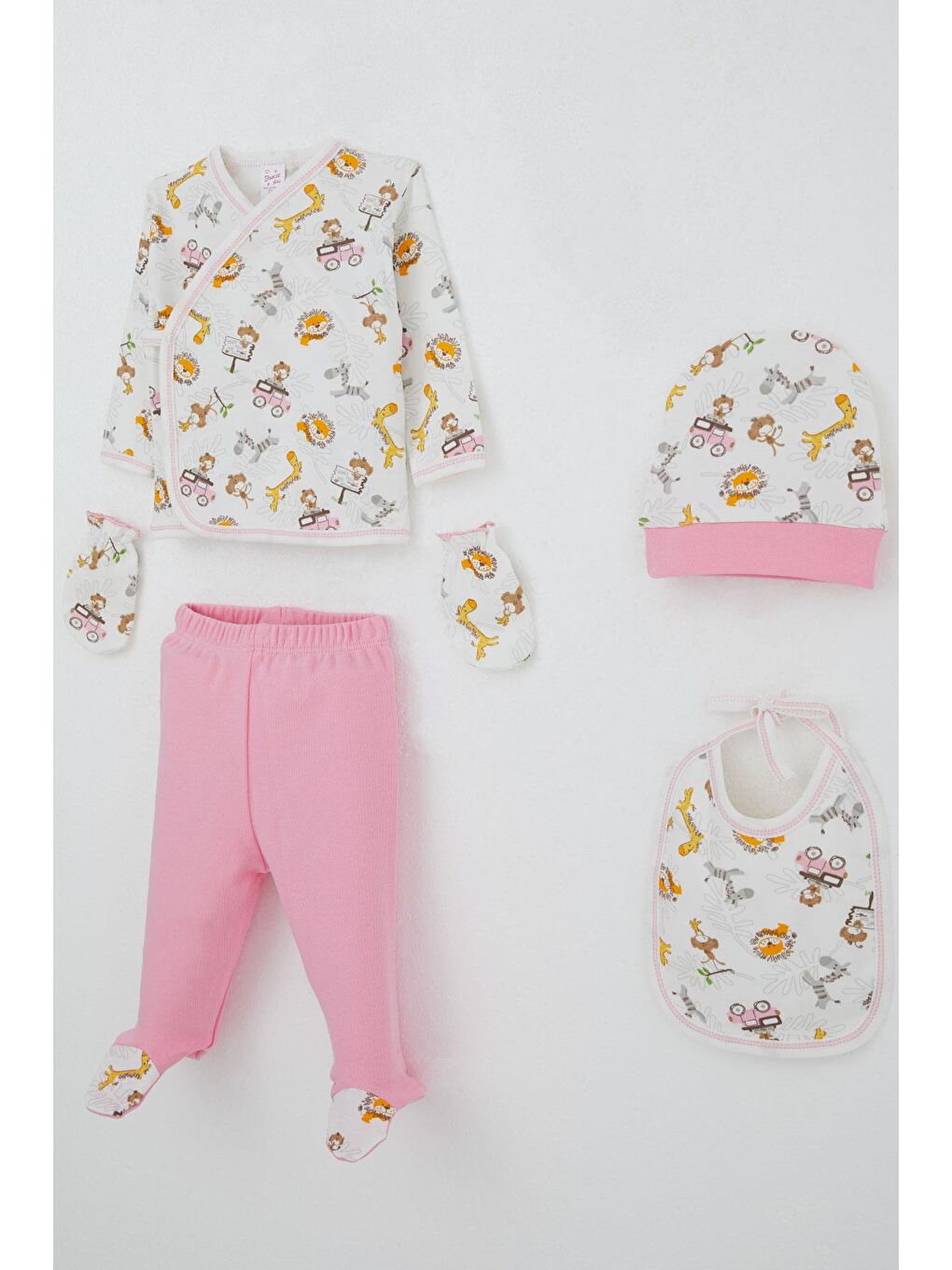 Kız Bebek Hastane Çıkışı 5 Li Safari Macerası Sevimli Hayvancıklar Desenli Beyaz (0-3 Ay)-1