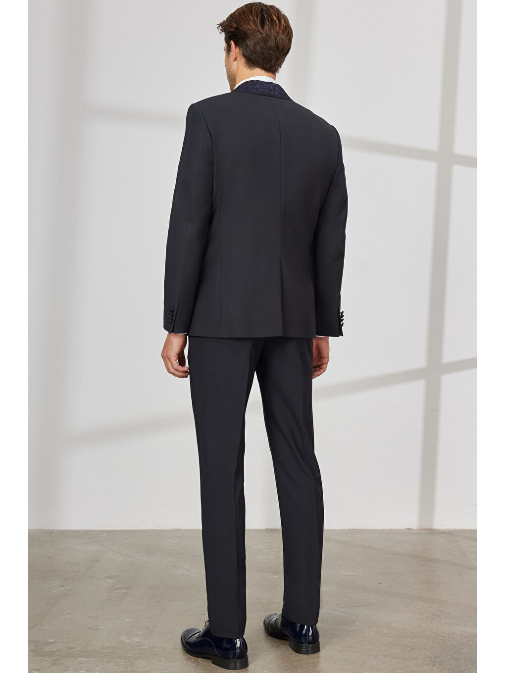 Erkek Lacivert Slim Fit Dar Kesim Çıkma Şal Yaka Yünlü Smokin Takım-6