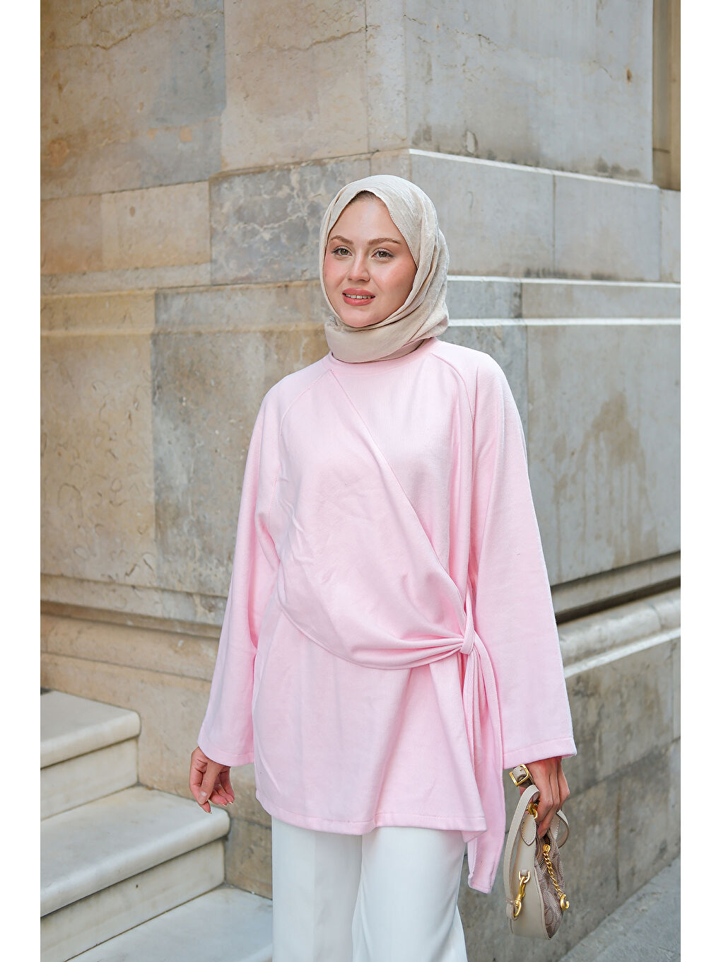 Kadın Yandan Şallı Tunik Pembe