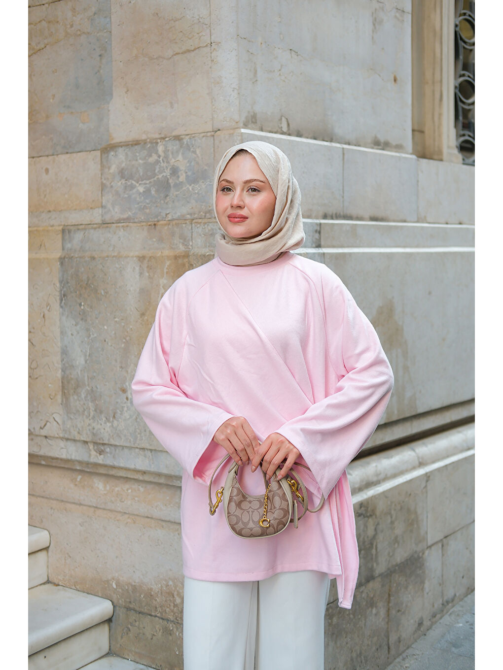 Kadın Yandan Şallı Tunik Pembe-1