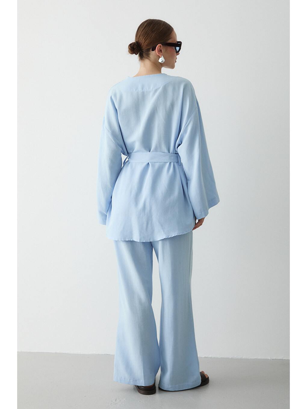 Mavi Düğme Detaylı Kemerli Kimono - 005-3